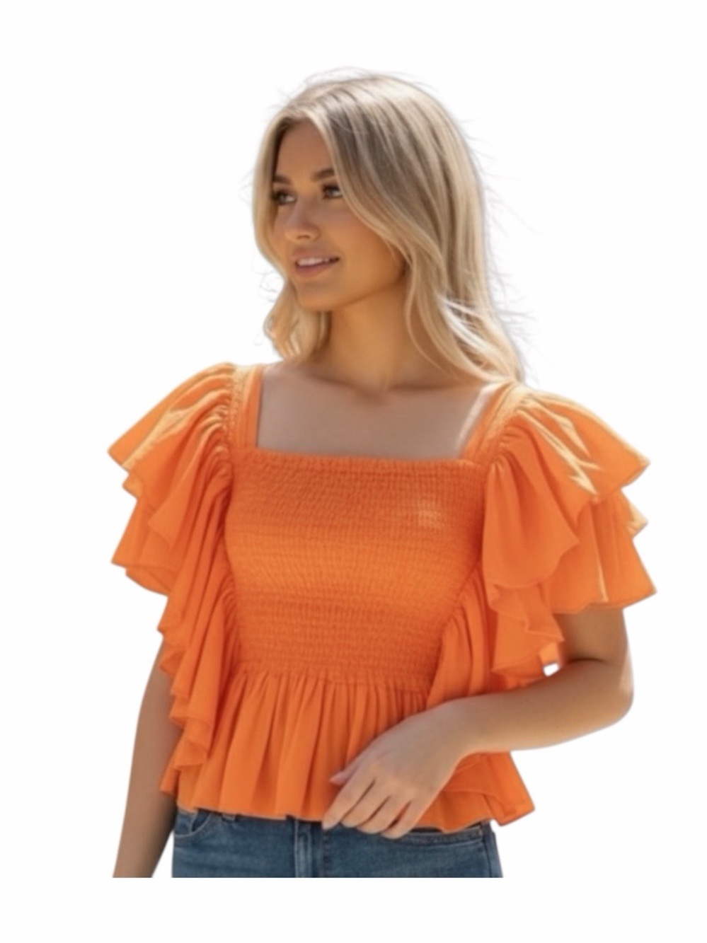 MISA Los Angeles Orange Smocked Ruffle Top |NWT | XS | Crop Blouse